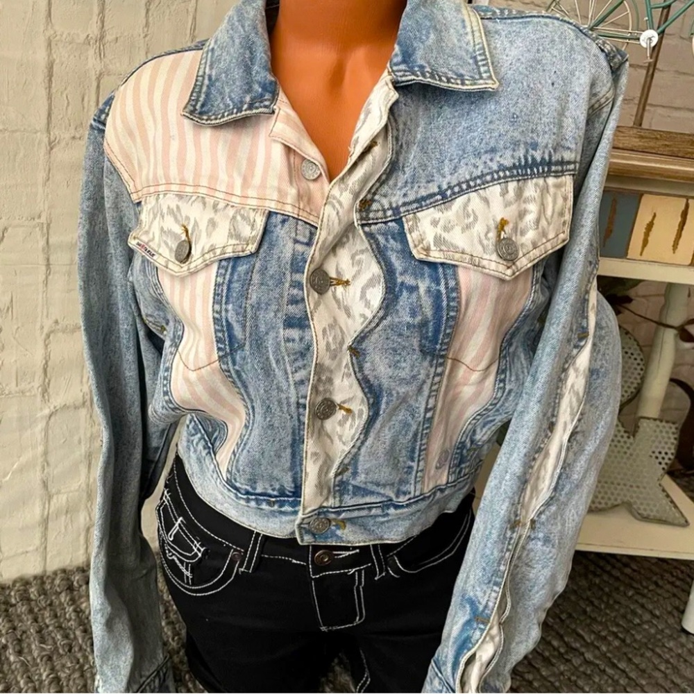 RARE Vintage 80s DAKOTA BLUE Cropped DENIM JACKET Leopard/Stripe Sz L NEW!